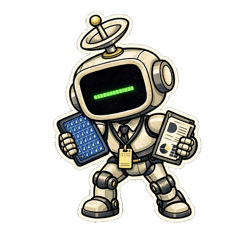 ALIGN.SYS, a chibi robot with a satellite-dish antenna, necktie, and lanyard tag, holding a tablet and a report.