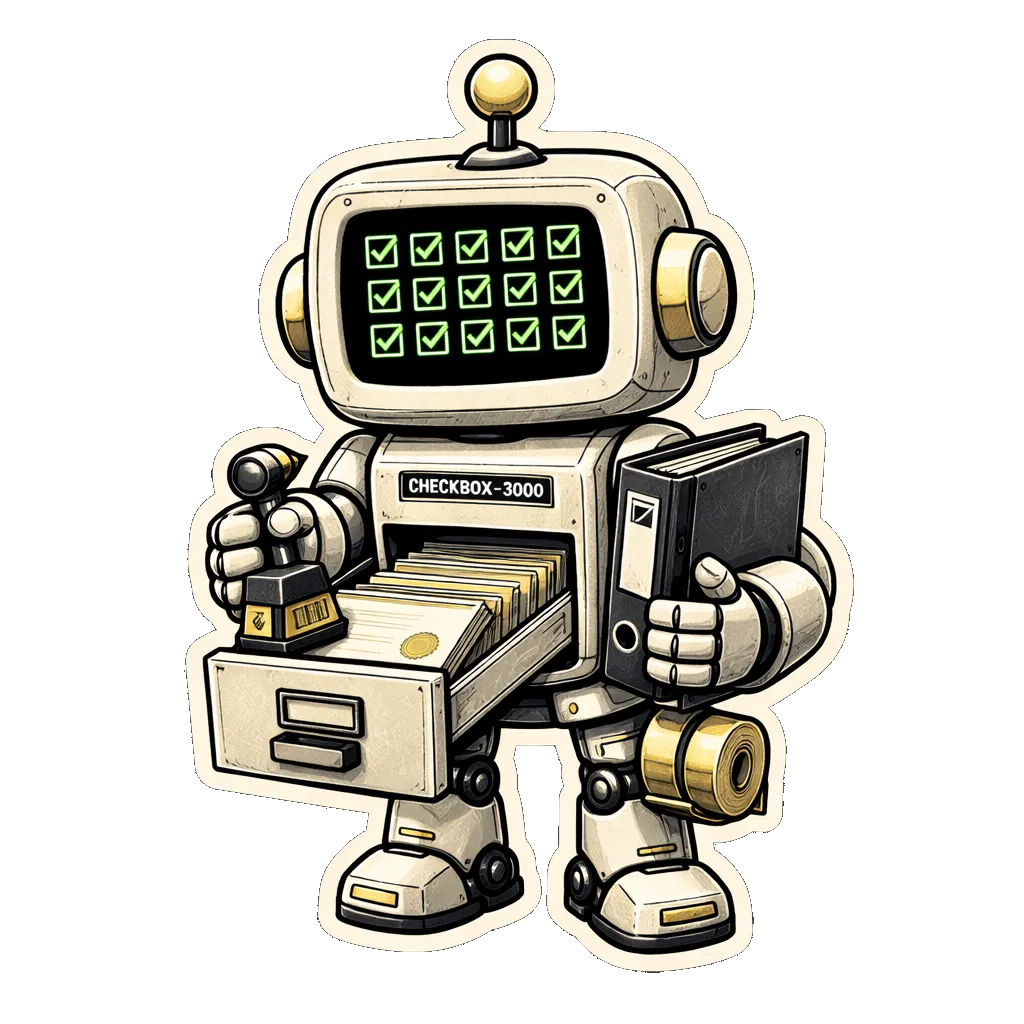 CHECKBOX-3000, a squat chibi robot with a checkbox-grid screen face and a file-drawer chest, holding a binder.