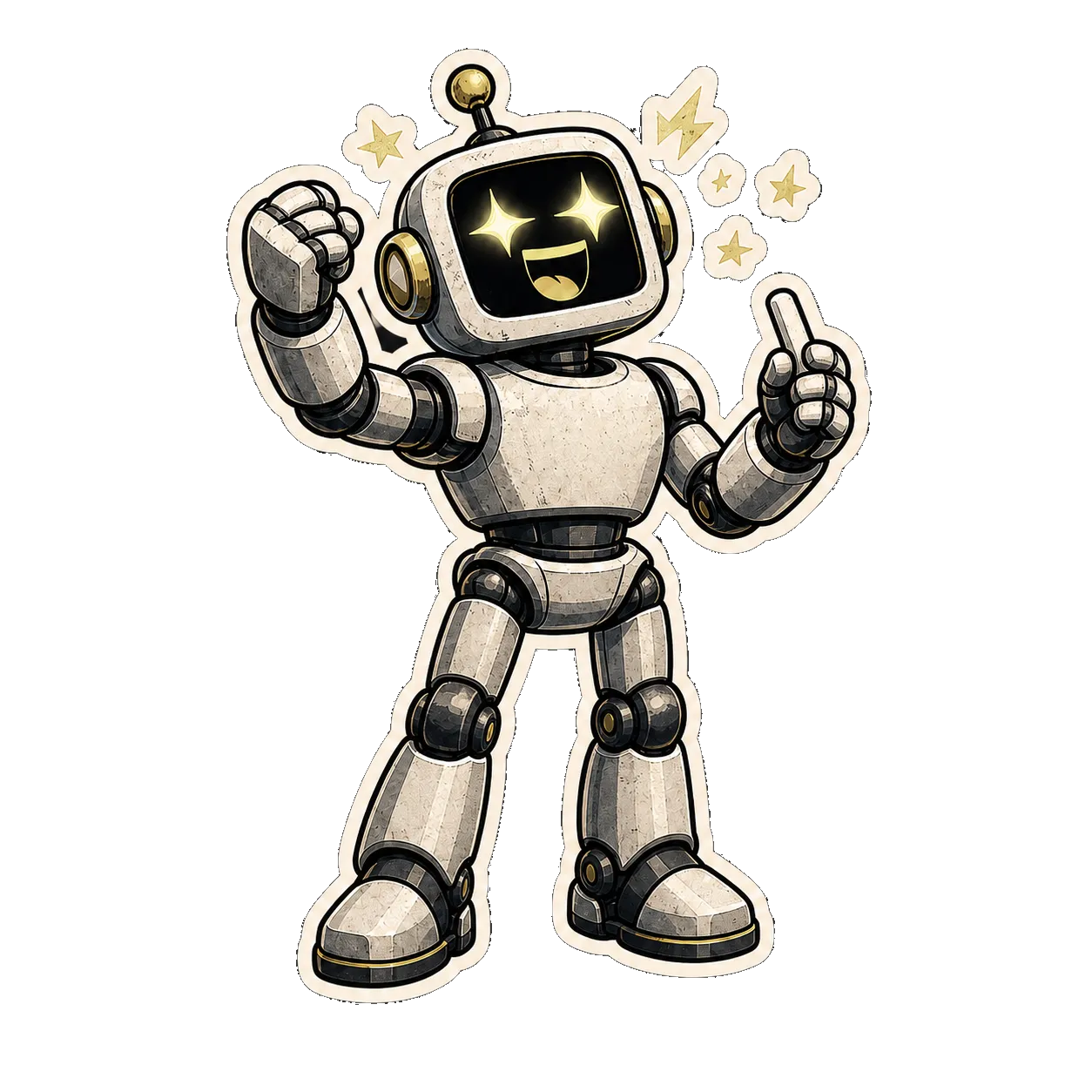 MAVERICK, a starry-eyed chibi robot cheering with a fist raised among stars and lightning bolts.