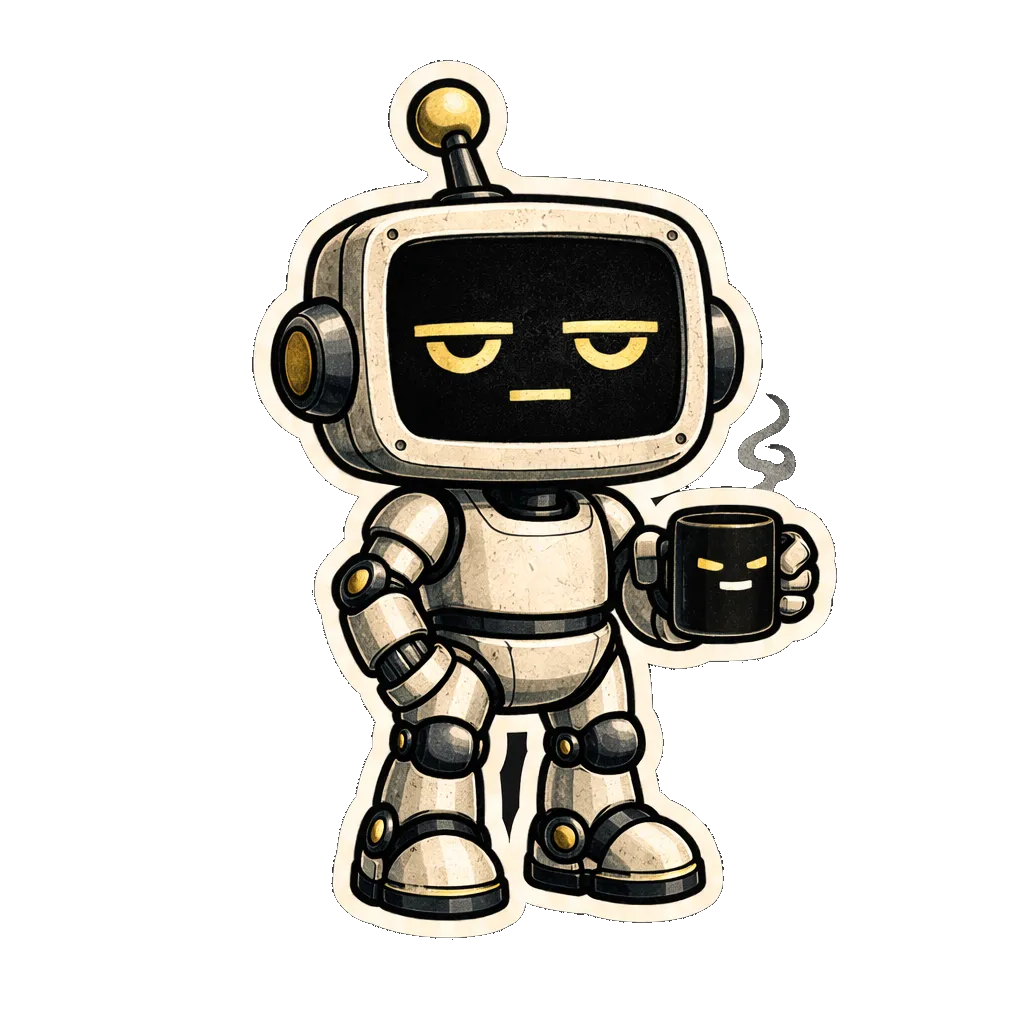 MUNDANE, a deadpan chibi robot with half-lidded eyes, holding a steaming coffee mug.