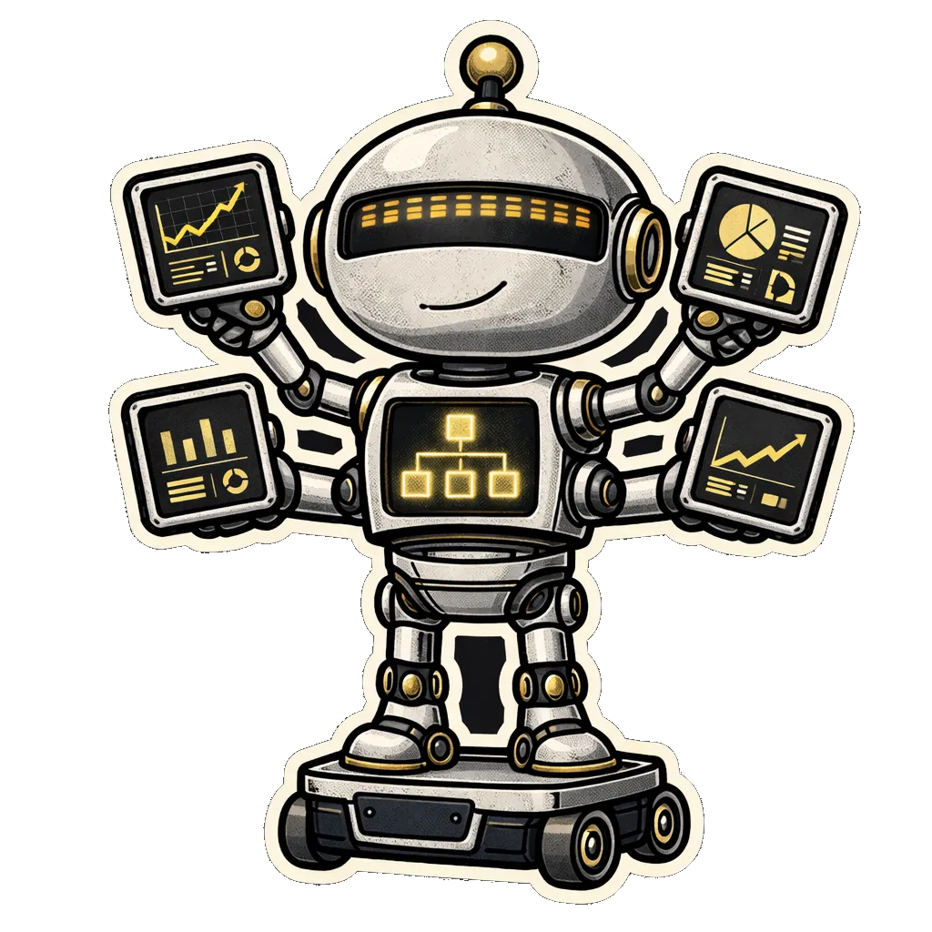 OVERSEER.YAML, a dome-headed chibi robot on a wheeled cart, holding four dashboard screens in four arms.