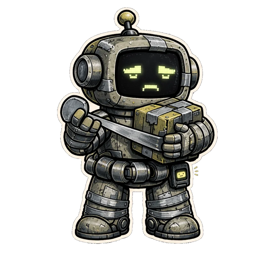 PATCHWORK.EXE, a weathered chibi robot held together with duct tape, wearily hugging a taped parcel.