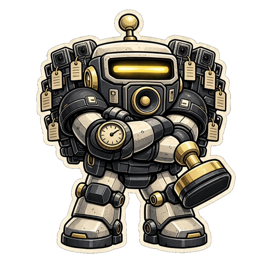 ZEROTRUST-9, a hulking chibi robot ringed with security cameras, arms crossed over a gold rubber stamp.
