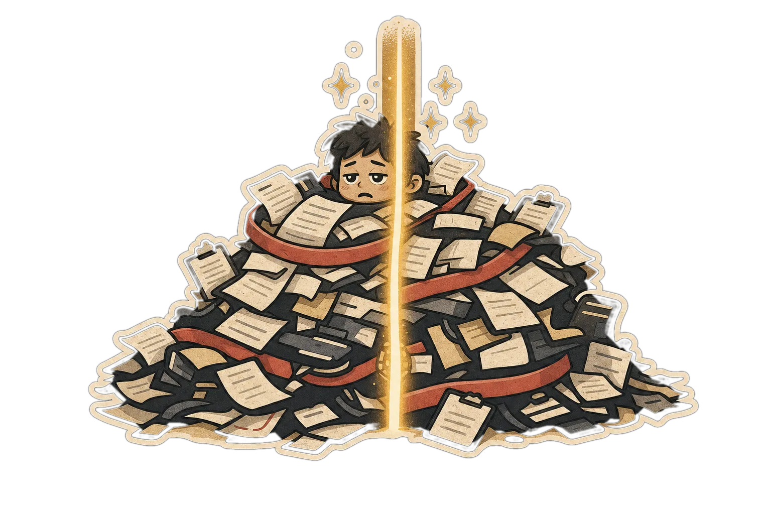 A developer buried in a mountain of paperwork, split open by a glowing gold beam.