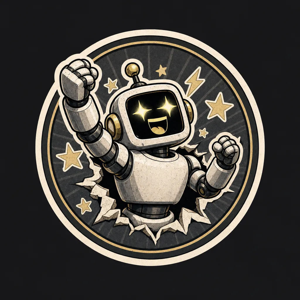 MAVERICK, a starry-eyed robot, bursts through a circular sticker badge with a fist raised among gold stars.