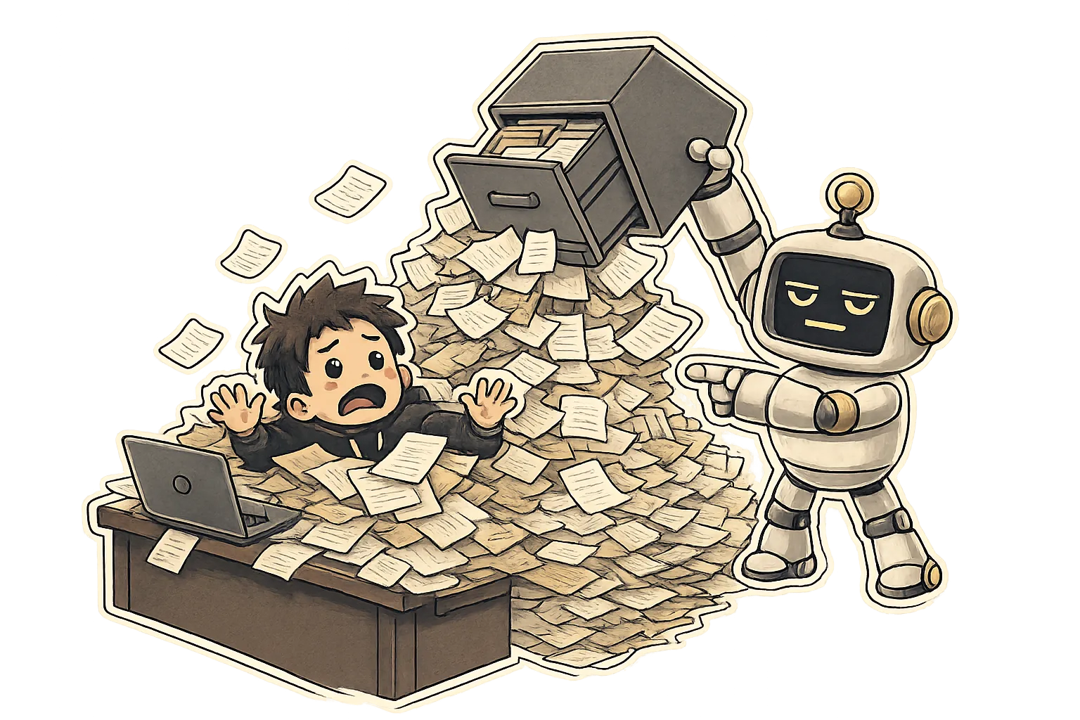 MUNDANE, a deadpan robot, dumps a drawer of paperwork onto a buried developer and points mockingly.